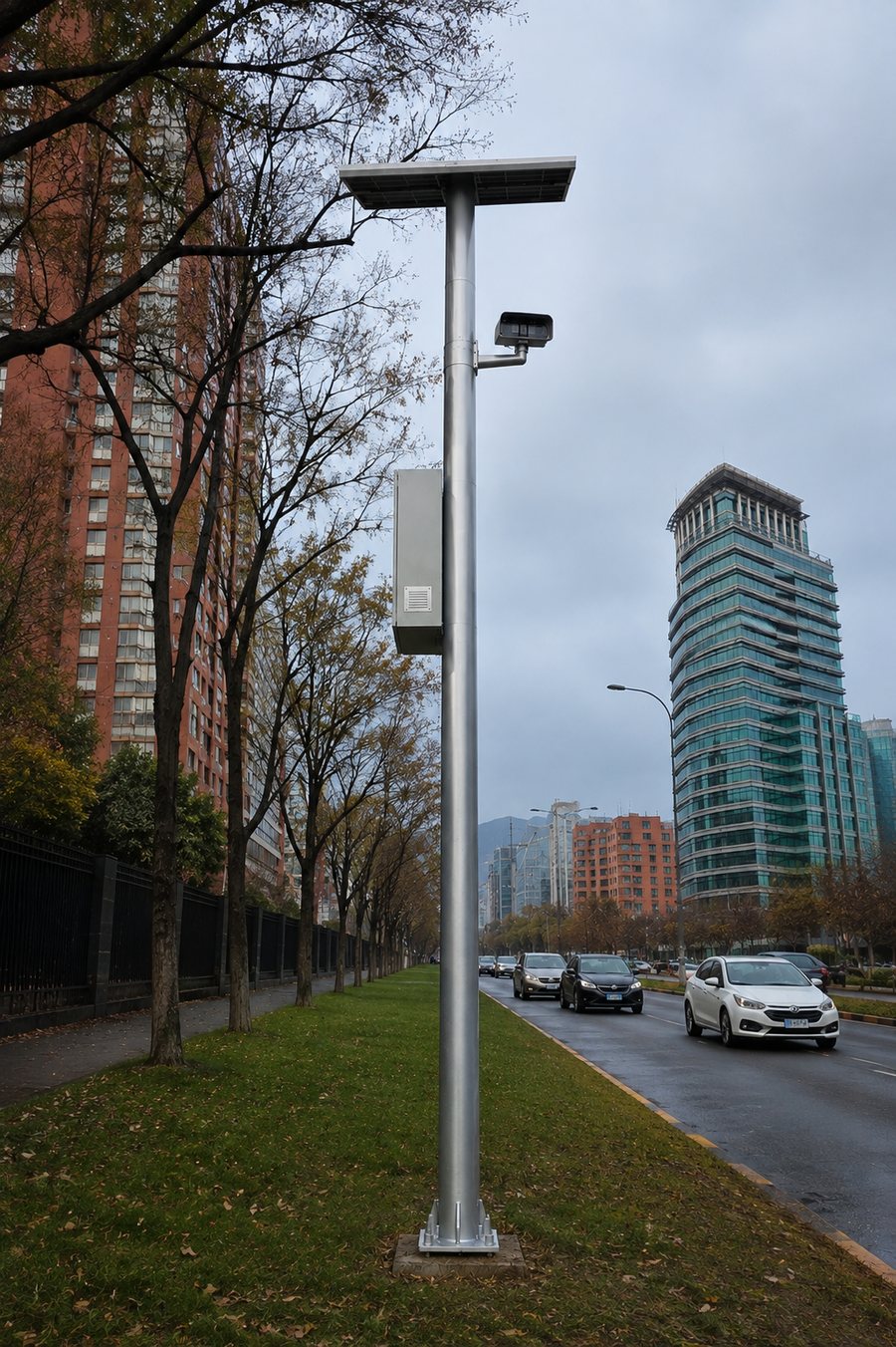 Punto de observación instalado junto a la vía: poste, panel solar y cámara